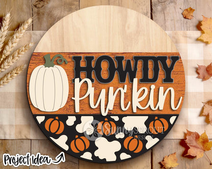 Howdy Pun'kin Western Sign, Digital Download, SVG Laser Cut File, Cricut, Fall Round Door Hanger Design, Cowboy Cow Pattern