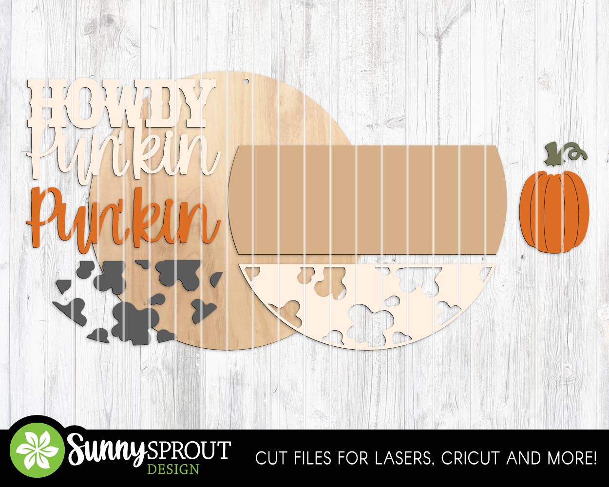 Howdy Pun'kin Western Sign, Digital Download, SVG Laser Cut File, Cricut, Fall Round Door Hanger Design, Cowboy Cow Pattern