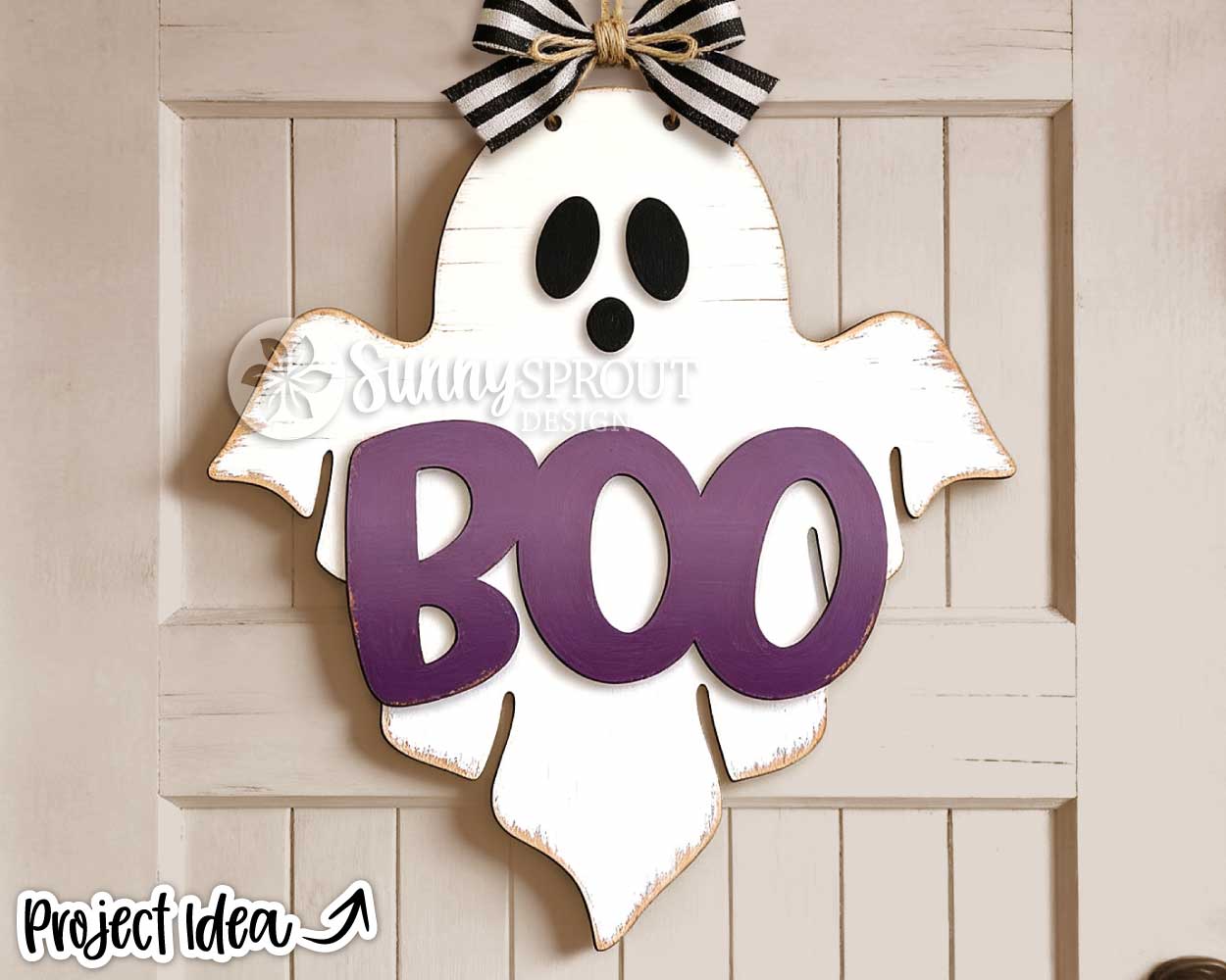 Boo Ghost Shaped Sign, Digital Download, SVG Laser Cut File, Cricut, Halloween Welcome Door Hanger Design