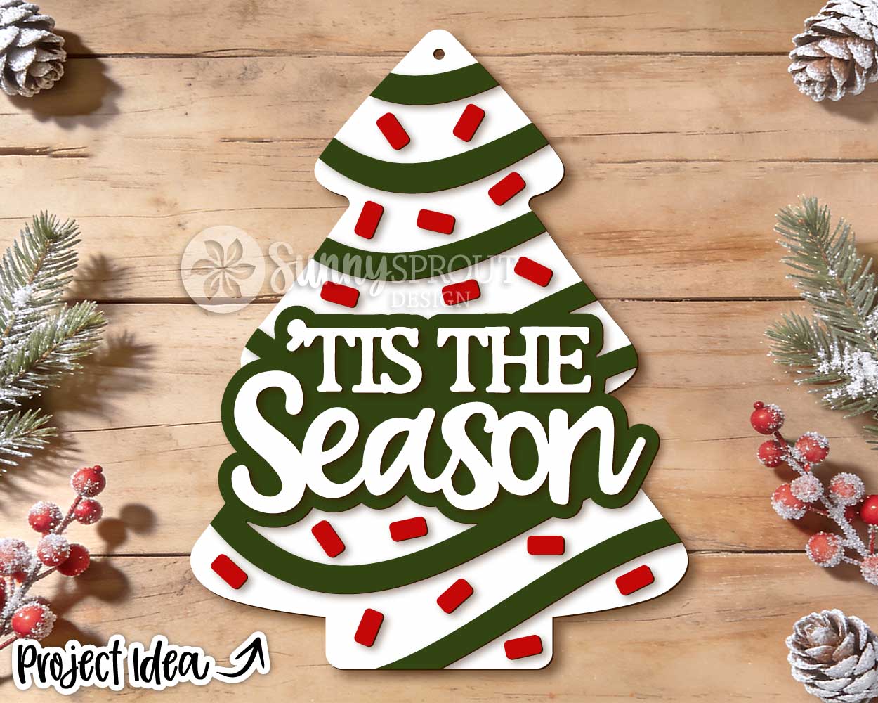 Tis The Season Striped Tree Sign, Digital Download, SVG Laser Cut File, Cricut, Christmas Door Hanger Ornament Design