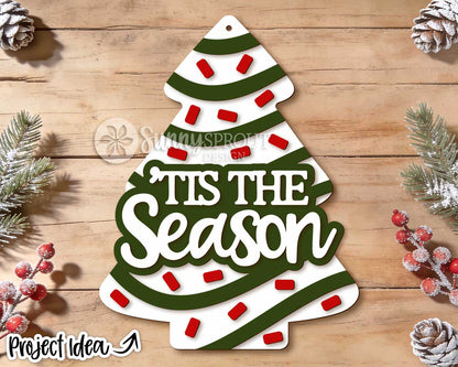 Tis The Season Striped Tree Sign, Digital Download, SVG Laser Cut File, Cricut, Christmas Door Hanger Ornament Design