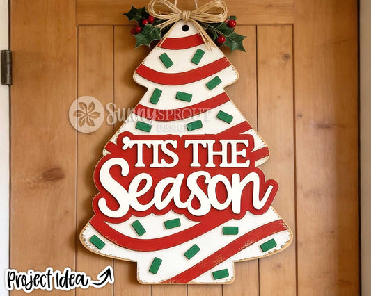 Tis The Season Striped Tree Sign, Digital Download, SVG Laser Cut File, Cricut, Christmas Door Hanger Ornament Design