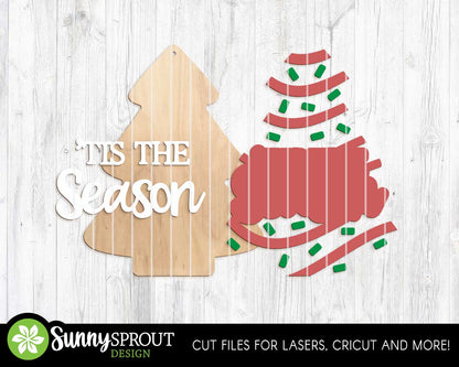 Tis The Season Striped Tree Sign, Digital Download, SVG Laser Cut File, Cricut, Christmas Door Hanger Ornament Design
