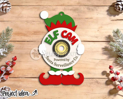 Elf Cam Camera Ornament, Digital Download, SVG Laser Cut File, Cricut, Santa Christmas Tree Ornament Design
