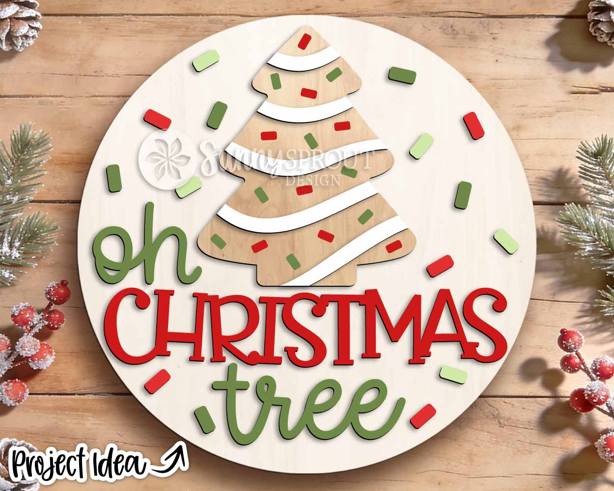 Oh Christmas Tree Striped Tree Sign, Digital Download, SVG Laser Cut File, Cricut, Round Christmas Door Hanger, Ornament Design