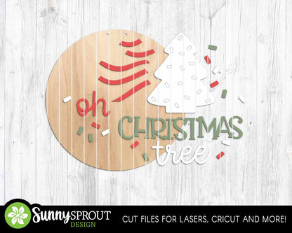 Oh Christmas Tree Striped Tree Sign, Digital Download, SVG Laser Cut File, Cricut, Round Christmas Door Hanger, Ornament Design