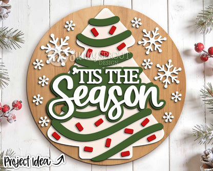 Tis The Season Striped Tree Sign, Digital Download, SVG Laser Cut File, Cricut, Christmas Round Door Hanger Design