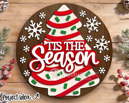 Tis The Season Striped Tree Sign, Digital Download, SVG Laser Cut File, Cricut, Christmas Round Door Hanger Design