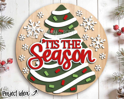Tis The Season Striped Tree Sign, Digital Download, SVG Laser Cut File, Cricut, Christmas Round Door Hanger Design