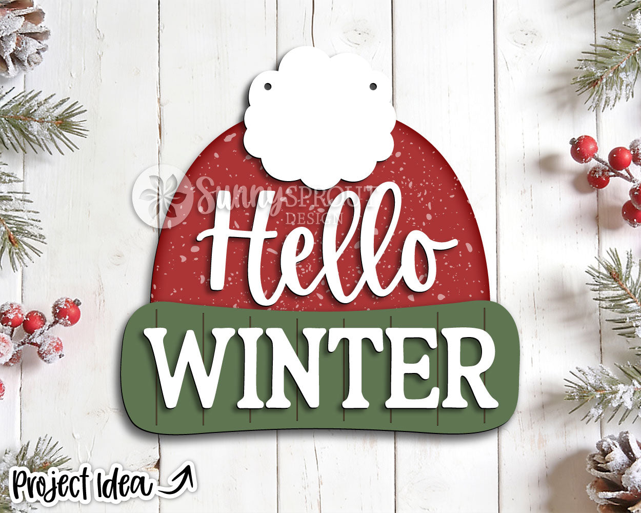 Hello Winter Hat Shaped Sign, Digital Download, SVG Laser Cut File, Cricut, Winter Door Hanger Design