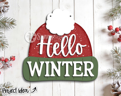 Hello Winter Hat Shaped Sign, Digital Download, SVG Laser Cut File, Cricut, Winter Door Hanger Design