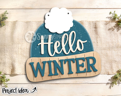 Hello Winter Hat Shaped Sign, Digital Download, SVG Laser Cut File, Cricut, Winter Door Hanger Design