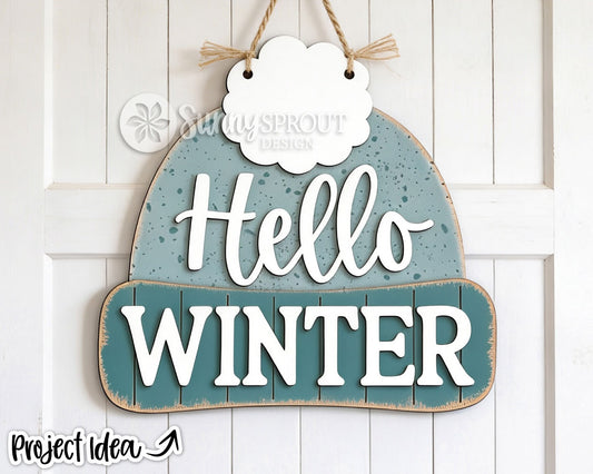 Hello Winter Hat Shaped Sign, Digital Download, SVG Laser Cut File, Cricut, Winter Door Hanger Design