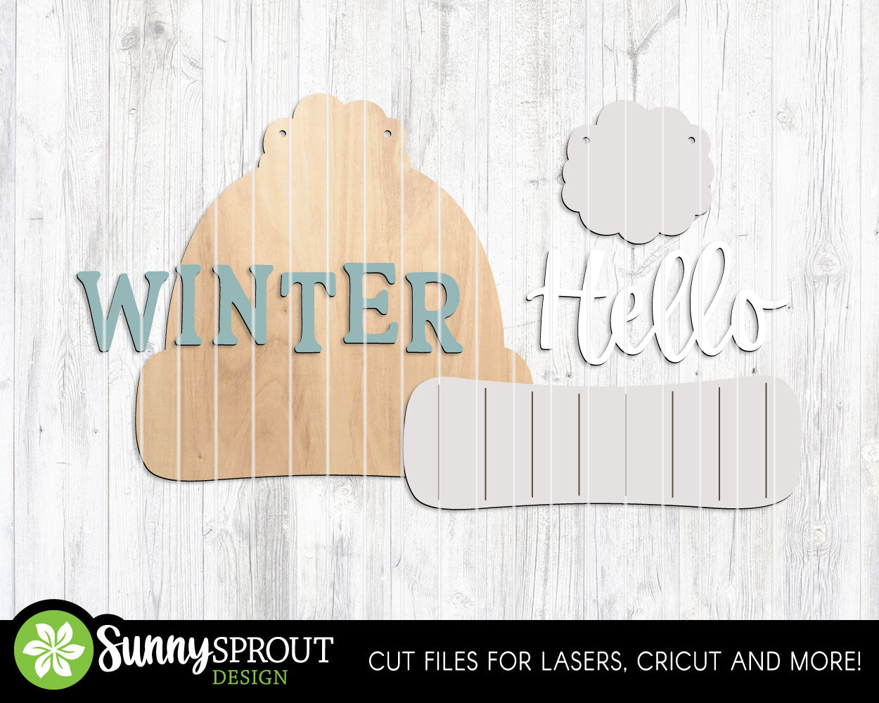 Hello Winter Hat Shaped Sign, Digital Download, SVG Laser Cut File, Cricut, Winter Door Hanger Design