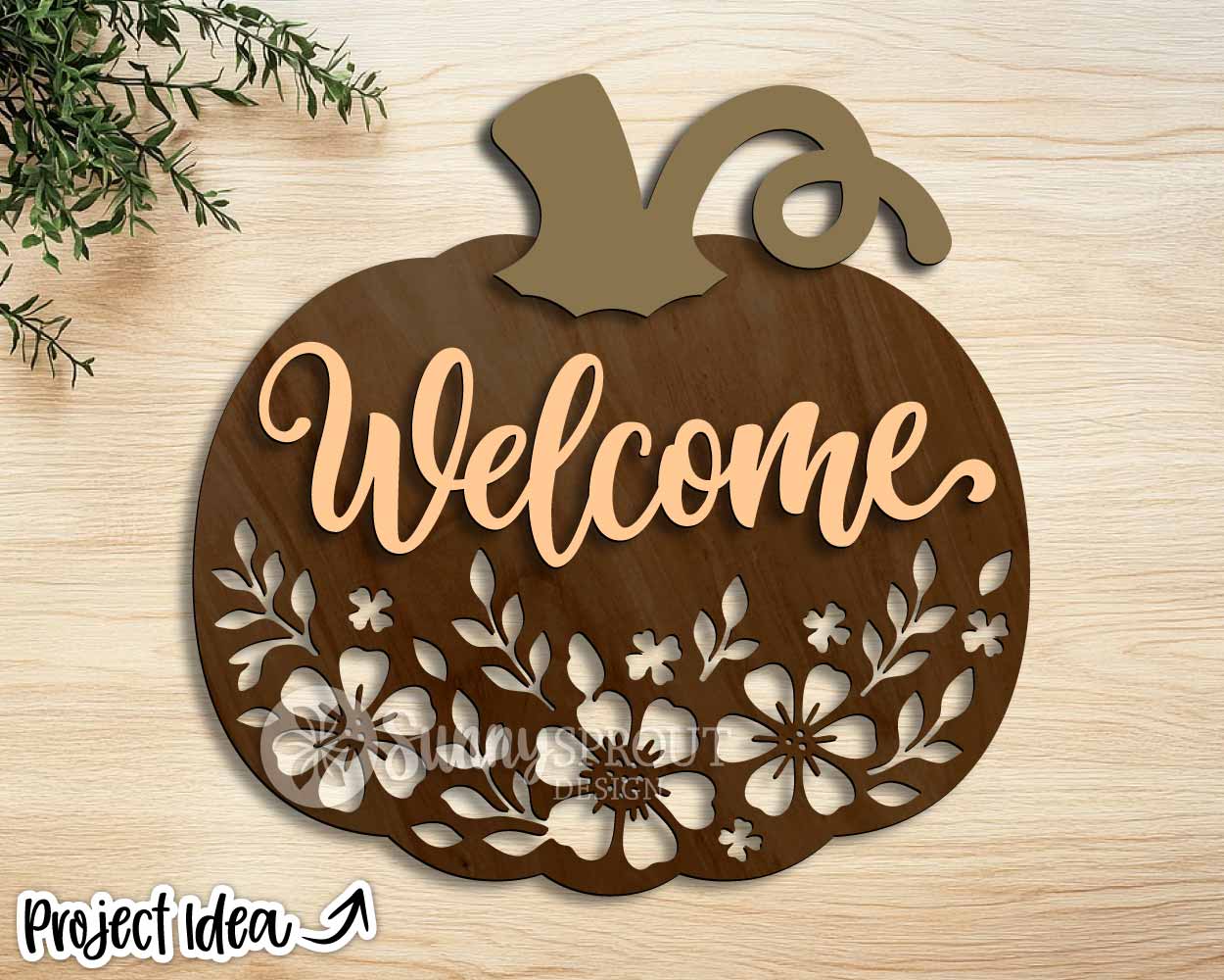 Welcome Floral Pumpkin Sign, Digital Download, SVG Laser Cut File, Cricut, Fall Halloween Door Hanger Design