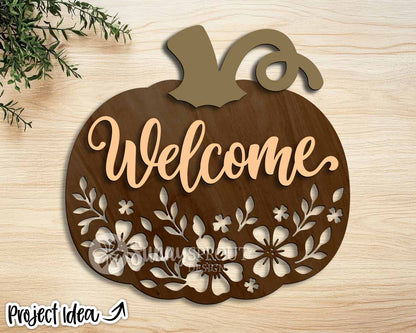 Welcome Floral Pumpkin Sign, Digital Download, SVG Laser Cut File, Cricut, Fall Halloween Door Hanger Design