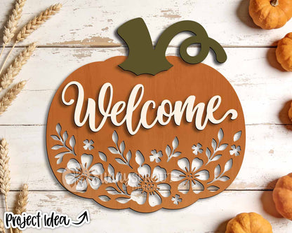 Welcome Floral Pumpkin Sign, Digital Download, SVG Laser Cut File, Cricut, Fall Halloween Door Hanger Design