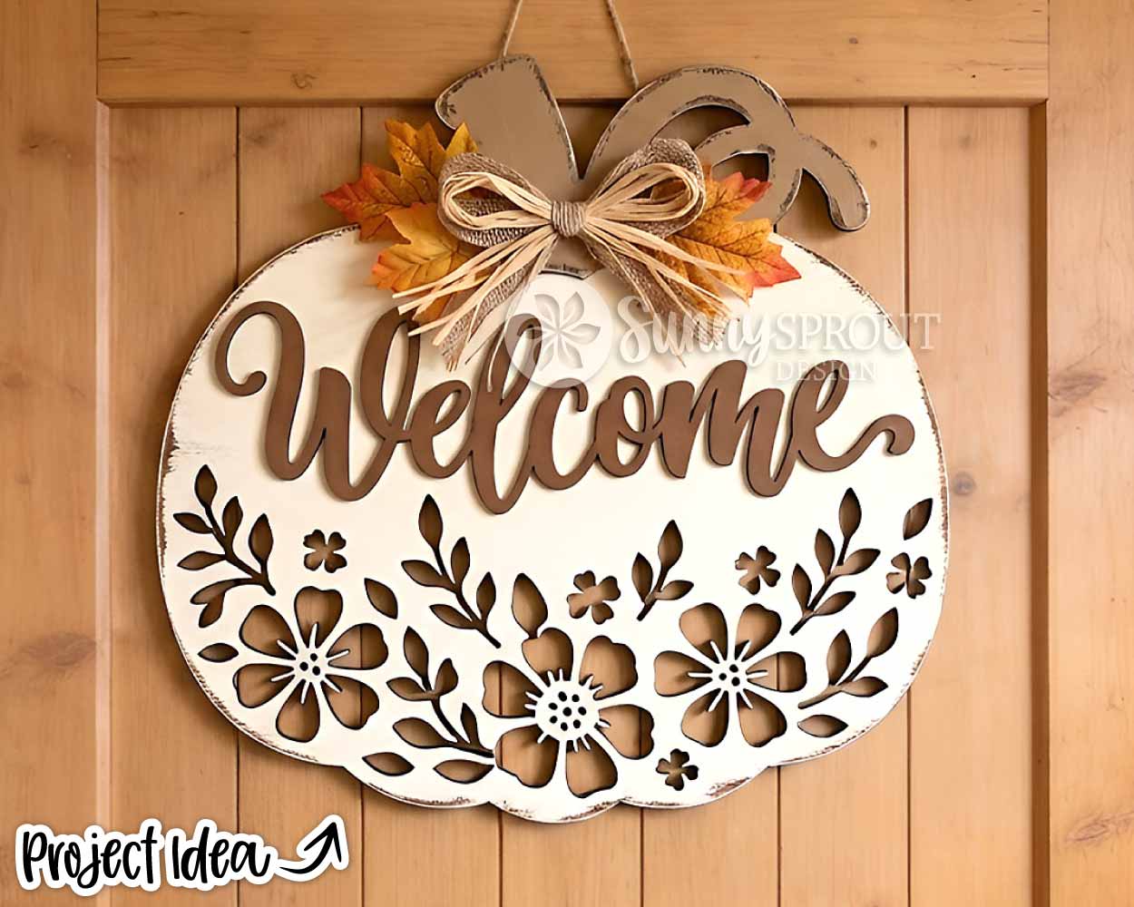 Welcome Floral Pumpkin Sign, Digital Download, SVG Laser Cut File, Cricut, Fall Halloween Door Hanger Design