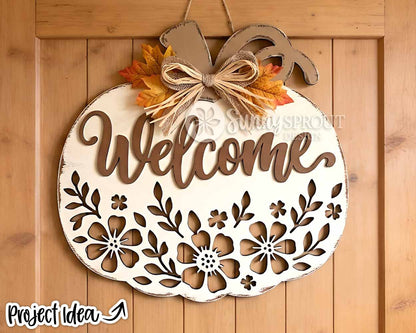 Welcome Floral Pumpkin Sign, Digital Download, SVG Laser Cut File, Cricut, Fall Halloween Door Hanger Design