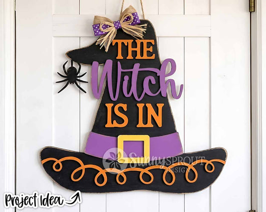 The Witch Is In Hat Sign, Digital Download, SVG Laser Cut File, Cricut, Halloween Welcome Door Hanger Design