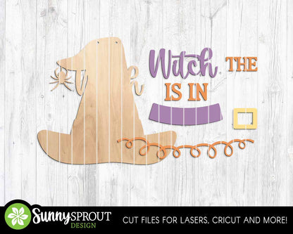 The Witch Is In Hat Sign, Digital Download, SVG Laser Cut File, Cricut, Halloween Welcome Door Hanger Design