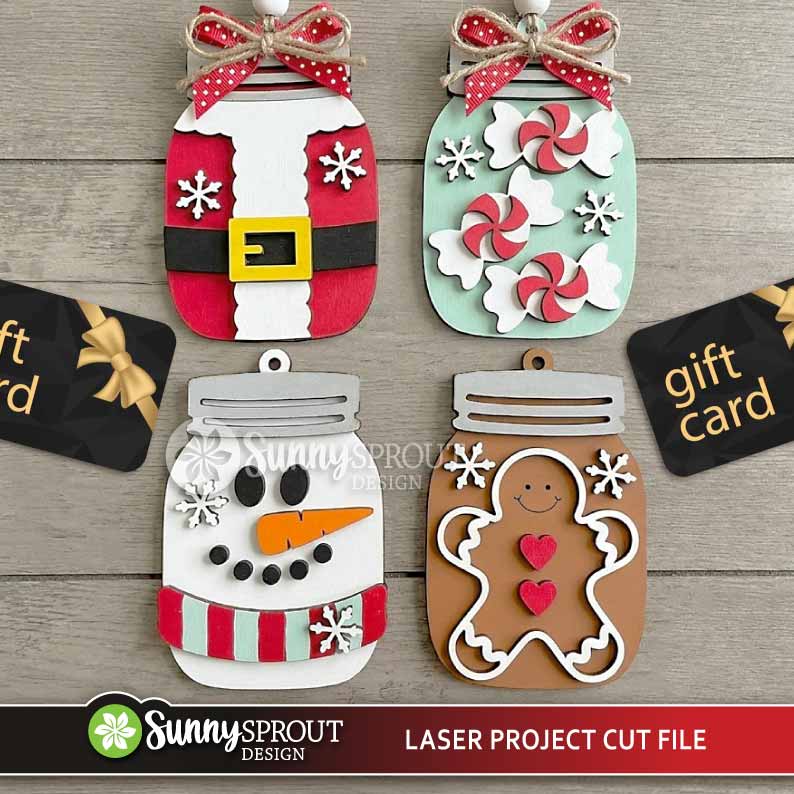 Mason Jar Gift Card Holder Ornament Bundle, Digital download, SVG laser cut file, Cricut, Christmas ornament design