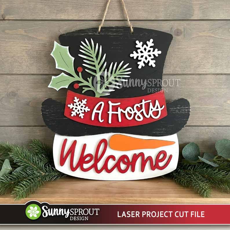 A Frosty Welcome Snowman Hat Door Hanger Sign, Glowforge laser cut file, Winter welcome sign svg, Christmas Holiday decor
