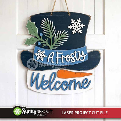 A Frosty Welcome Snowman Hat Door Hanger Sign, Glowforge laser cut file, Winter welcome sign svg, Christmas Holiday decor
