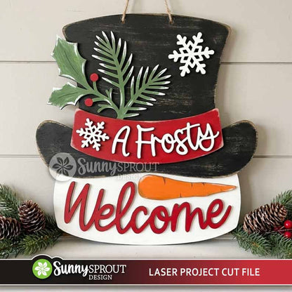 A Frosty Welcome Snowman Hat Door Hanger Sign, Glowforge laser cut file, Winter welcome sign svg, Christmas Holiday decor