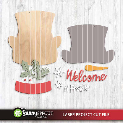 A Frosty Welcome Snowman Hat Door Hanger Sign, Glowforge laser cut file, Winter welcome sign svg, Christmas Holiday decor