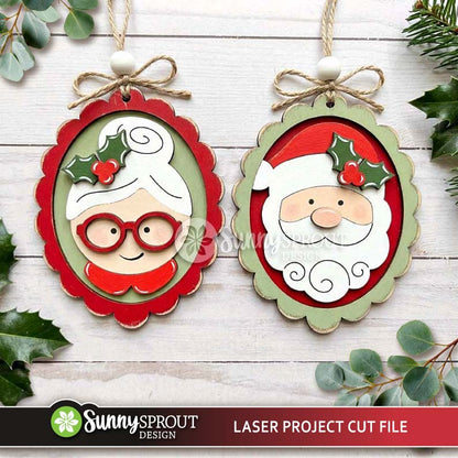 Santa & Mrs. Claus Portrait Ornaments Bundle, Digital Download, SVG Laser Cut File, Cricut, Christmas Tree Designs