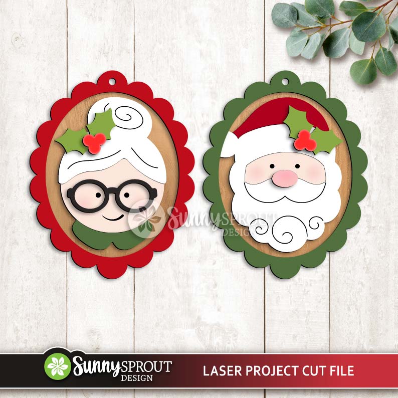 Santa & Mrs. Claus Portrait Ornaments Bundle, Digital Download, SVG Laser Cut File, Cricut, Christmas Tree Designs