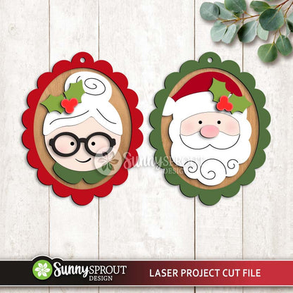 Santa & Mrs. Claus Portrait Ornaments Bundle, Digital Download, SVG Laser Cut File, Cricut, Christmas Tree Designs