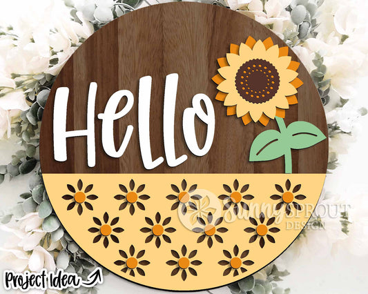 Hello Sunflower Pattern Sign, Digital Download, SVG Laser Cut File, Cricut, Summer Fall Round Door Hanger Design