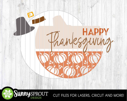 Happy Thanksgiving Pilgrim Hat Sign, Digital Download, SVG Laser Cut File, Cricut, Round Fall Door Hanger Design