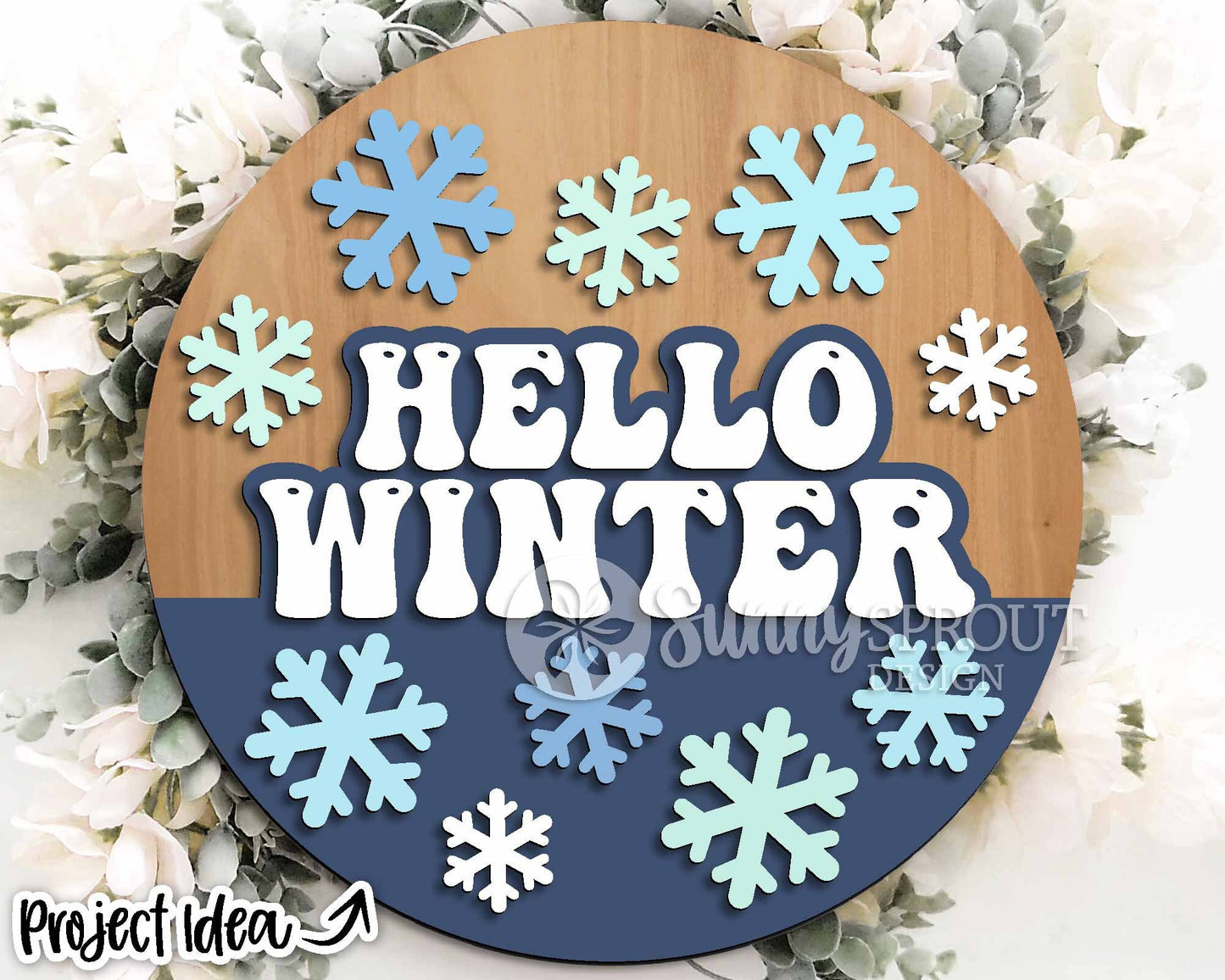 Hello Winter Retro Snowflakes Sign, Round door hanger svg, Glowforge laser file, Cricut cut file, Winter welcome sign svg