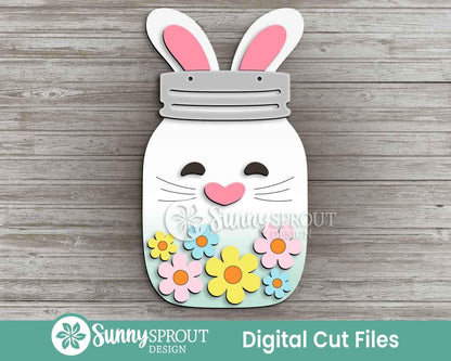 Easter Bunny Flower Mason Jar Sign, Digital download, SVG Laser cut file, Cricut, Door hanger design, Spring decor