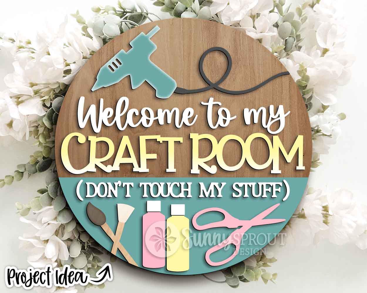 Craft Room Supplies Welcome Sign, Digital Download, SVG Laser Cut File, Cricut, Round Door Hanger Design