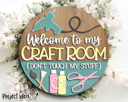 Craft Room Supplies Welcome Sign, Digital Download, SVG Laser Cut File, Cricut, Round Door Hanger Design
