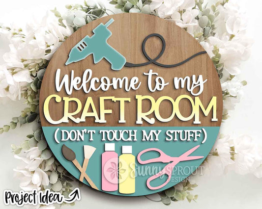 Craft Room Supplies Welcome Sign, Digital Download, SVG Laser Cut File, Cricut, Round Door Hanger Design