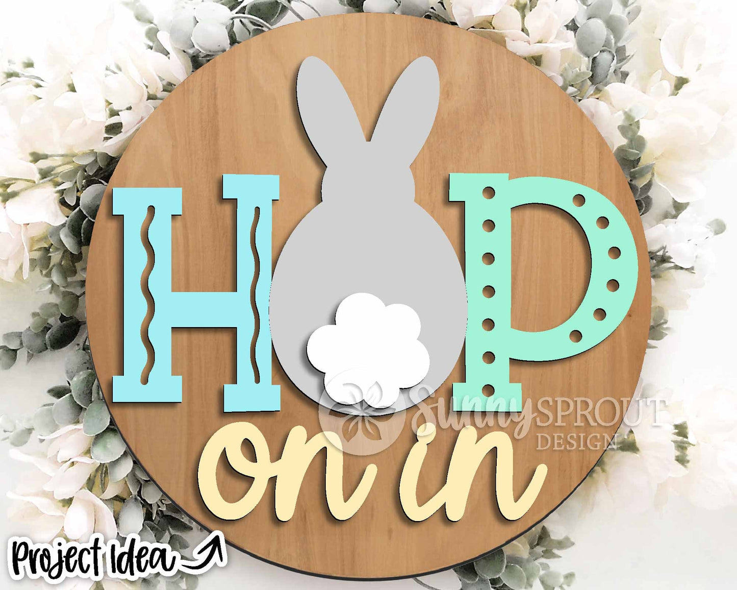 Hop On In Bunny Tail Sign, Digital download, SVG Laser cut file, Cricut, Round door hanger design