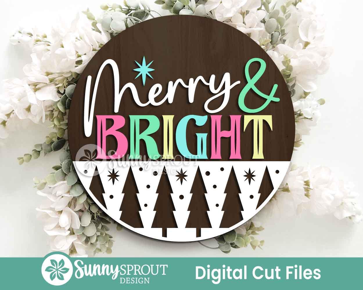 Merry & Bright Tree Star Pattern Sign, Digital Download, SVG Laser Cut File, Cricut, Round Door Hanger Design, Modern Christmas Decor