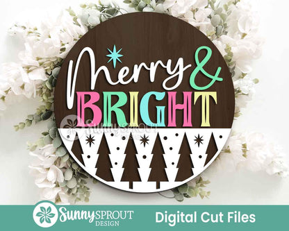Merry & Bright Tree Star Pattern Sign, Digital Download, SVG Laser Cut File, Cricut, Round Door Hanger Design, Modern Christmas Decor