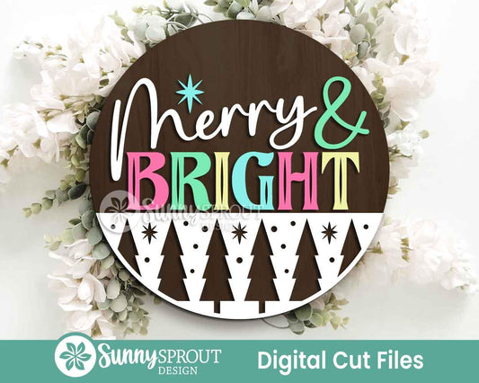 Merry & Bright Tree Star Pattern Sign, Digital Download, SVG Laser Cut File, Cricut, Round Door Hanger Design, Modern Christmas Decor