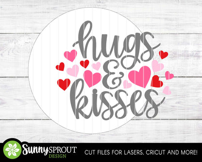 Hugs and Kisses Hearts Sign, Digital Download, SVG Laser Cut File, Cricut, Round Door Hanger Wall Art Design, Valentine's Day Decor