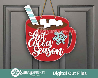 Hot Cocoa Season Mug Sign, Digital Download, SVG Laser Cut File, Cricut, Round Door Hanger Design, Christmas Winter Decor