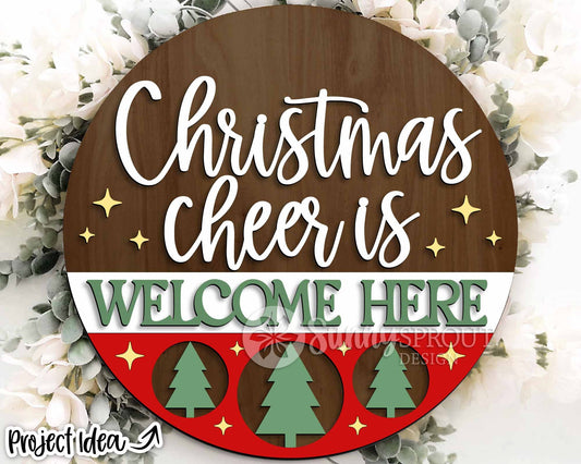 Christmas Cheer Welcome Here Sign, Digital Download, SVG Laser Cut File, Cricut, Round Door Hanger Design