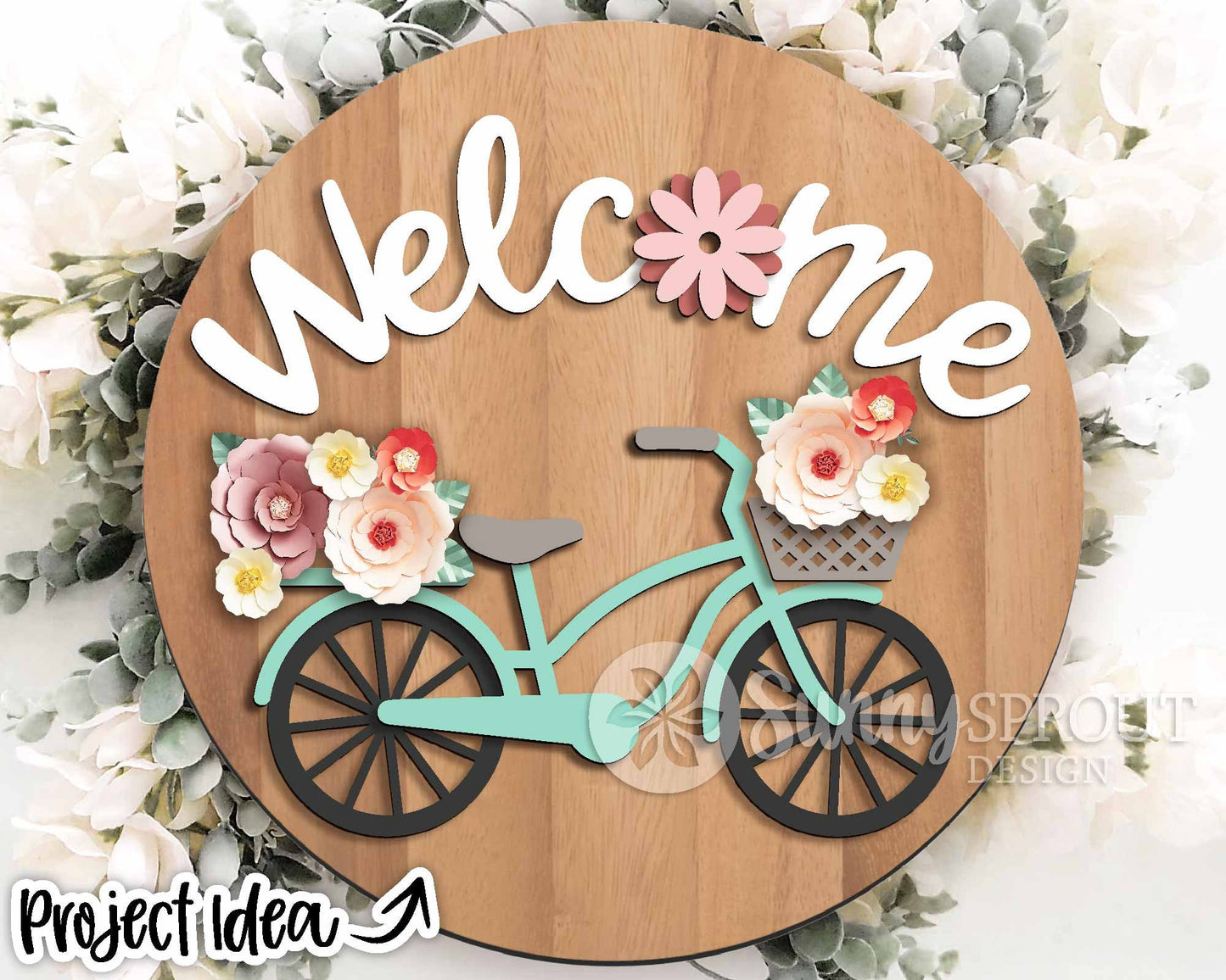 Welcome Bicycle Flower Sign, Digital download, SVG Laser cut file, Cricut, Round door hanger design, Spring summer floral decor