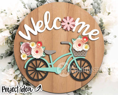 Welcome Bicycle Flower Sign, Digital download, SVG Laser cut file, Cricut, Round door hanger design, Spring summer floral decor