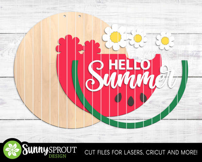 Hello Summer Watermelon Flower Sign, Digital Download, SVG Laser Cut File, Cricut, Round Door Hanger Design